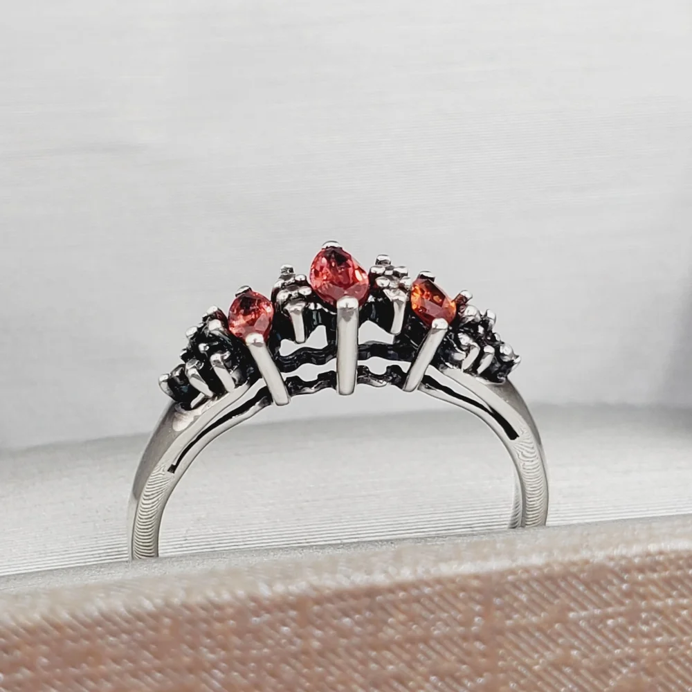 Genuine Red Marquise Ruby 925 Sterling Silver Three Stone Ring